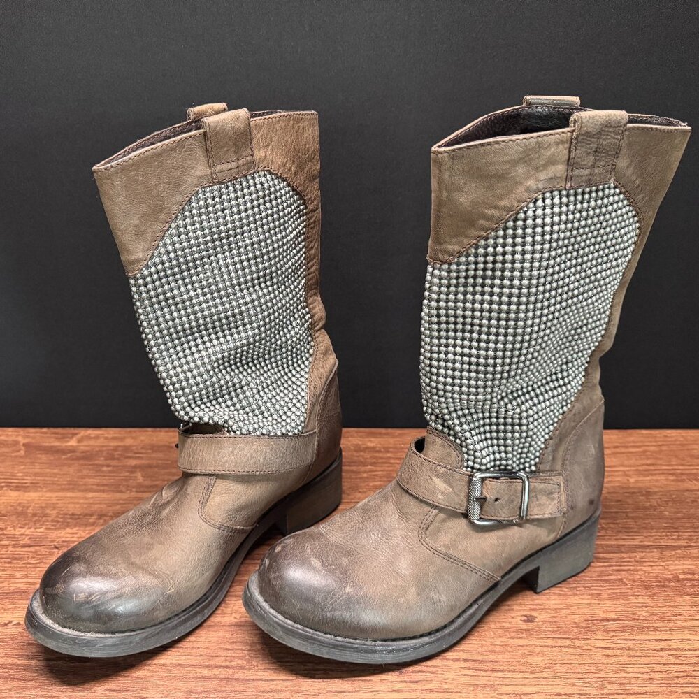 Bound Naria Women’s 38 (US 7.5–8) Brown & Gray Mid-Calf Boots with Buckle Detail